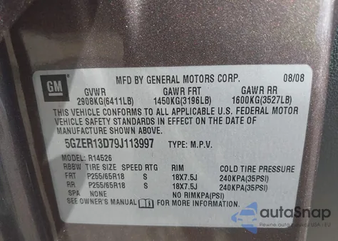 2009 Saturn Outlook Xe z USA, uszkodzony, nr VIN 5GZER13D79J113997